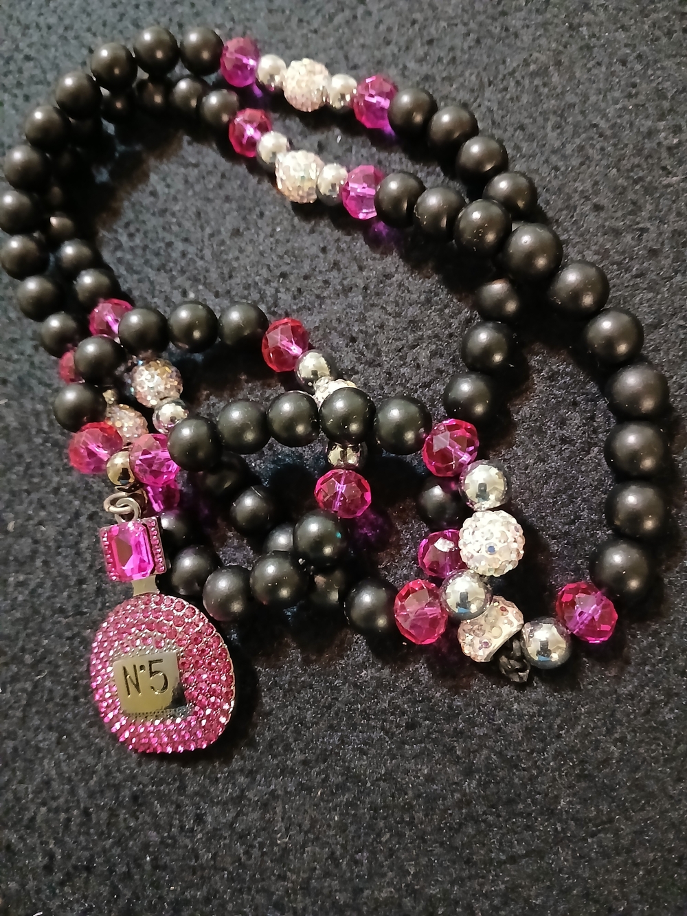 No.5 Pink & Black Beaded Pendant Necklace